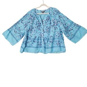 Style & Co Womens 4X Blue Floral Pintuck Cotton Button Up Blouse 3/4 Sleeve Top